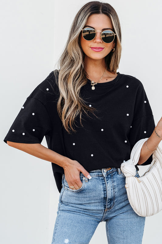 Pearl Beaded Drop Shoulder T-Shirt