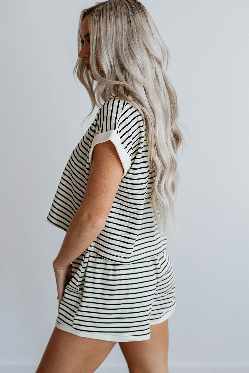 White Stripe Contrast Edge Two Piece Set