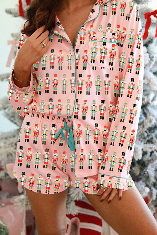 Pink Nutcracker Long Sleeve Button Up Pajama Short Set