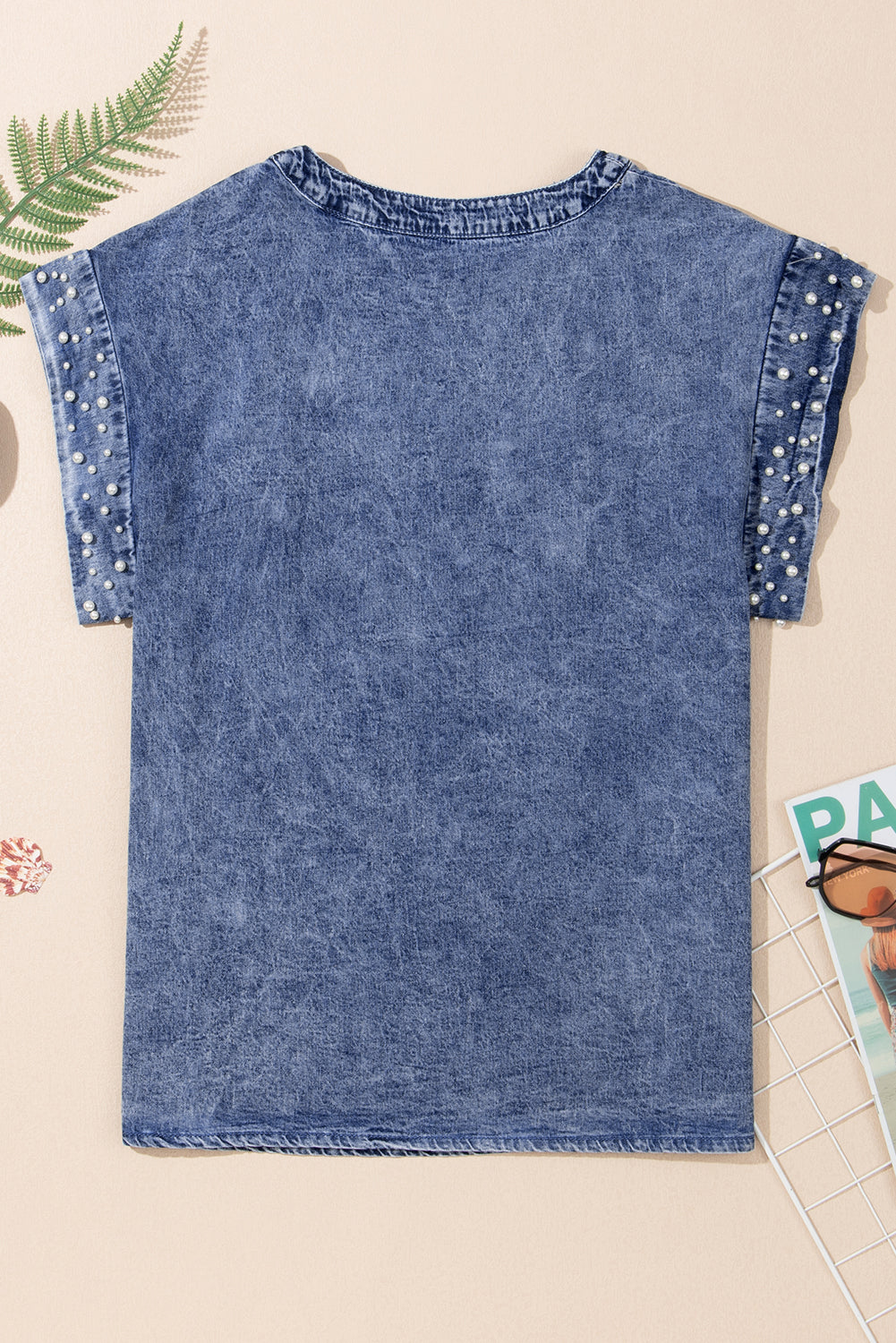 Acid Wash Pearl Embellishments Denim Top