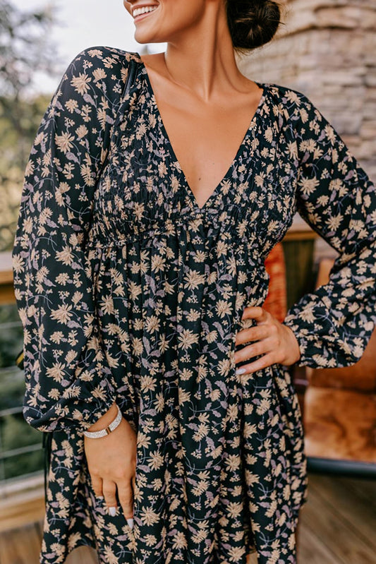 Floral Smocked Bubble Sleeve Babydoll Dress