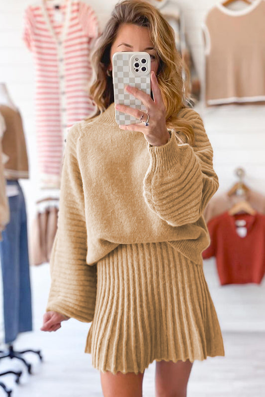 Smoke Gray High Neck Puff Sleeve Sweater Pleated Mini Skirt Set