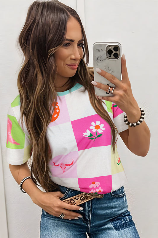 Western Fashion Checkered Print Crewneck T-Shirt