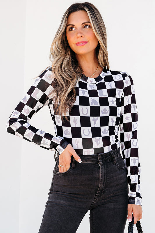 Black Checkered Western Elements Mesh Long Sleeve Top