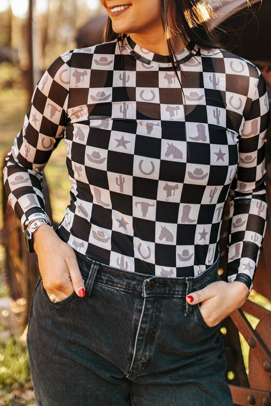 Black Checkered Western Elements Mesh Long Sleeve Top