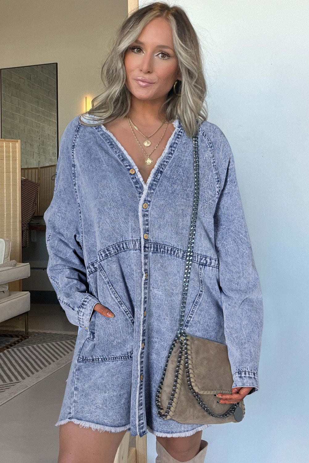 Beau Blue Mineral Wash Button Up Pocketed Denim Dress