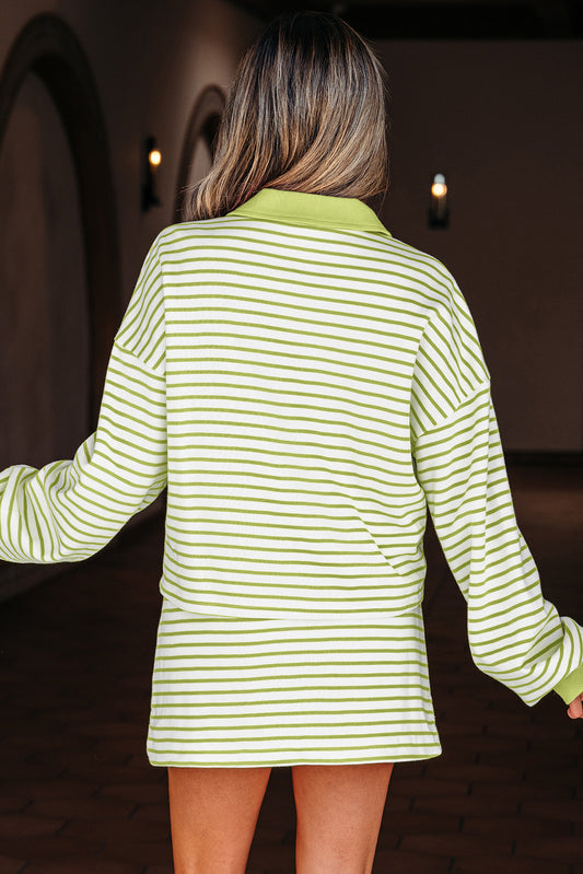 Stripe Collared V Neck Drop Shoulder Pullover and Skort Set