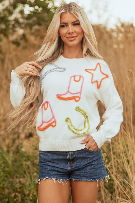 White Tinsel Western Knit Crew Neck Sweater