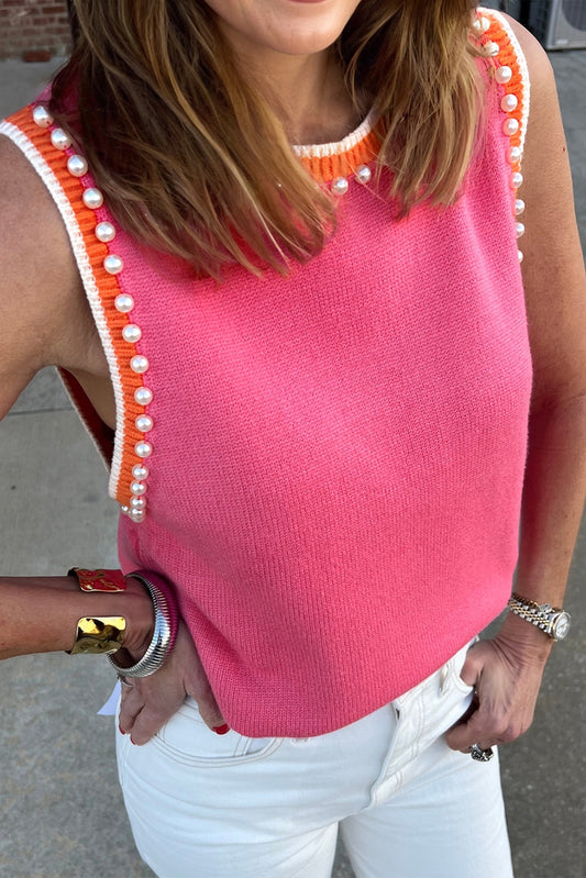 Pink Contrast Trim Pearl Detail Sweater Tank Top