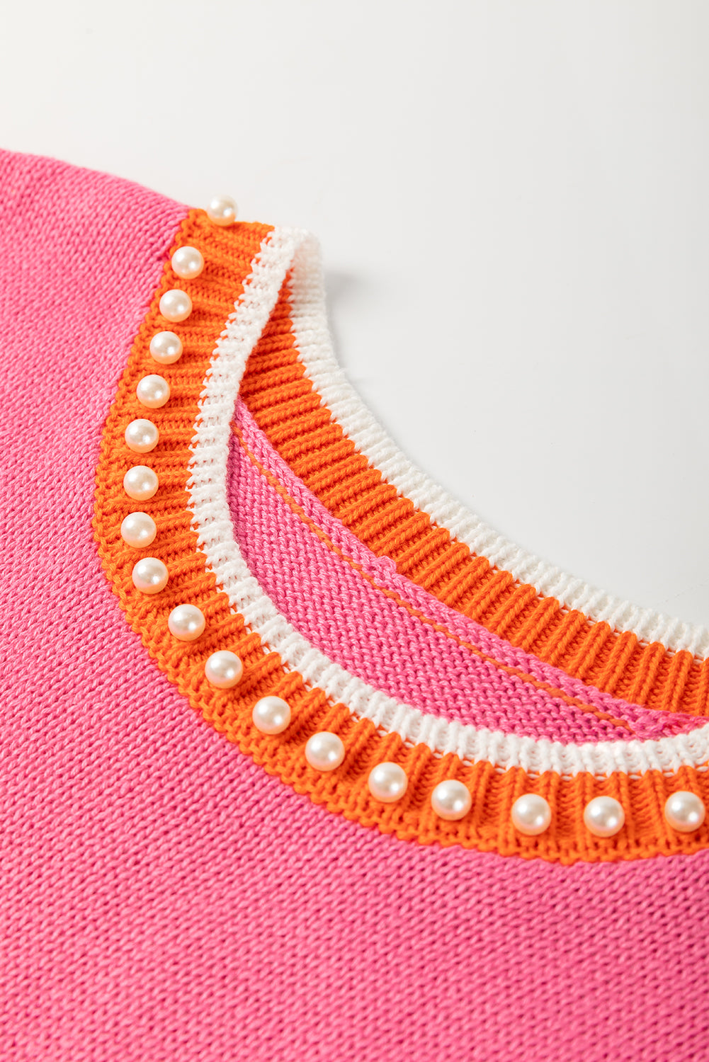 Pink Contrast Trim Pearl Detail Sweater Tank Top