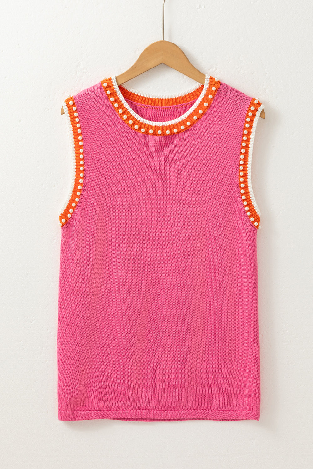 Pink Contrast Trim Pearl Detail Sweater Tank Top