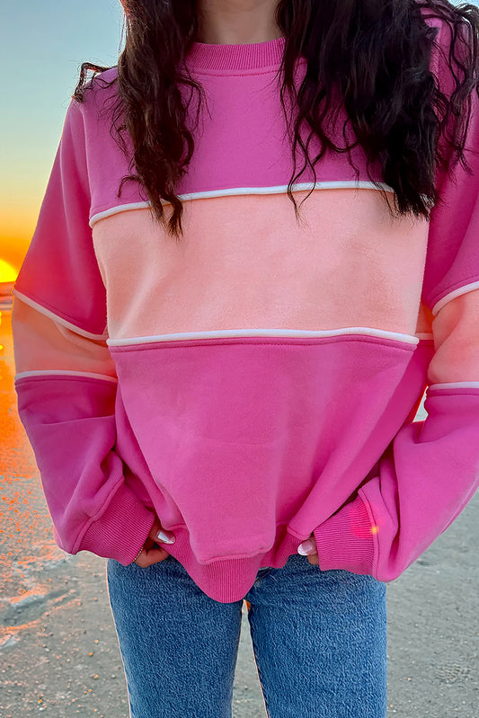 Pink Colorblock Drop Shoulder Ribbed Trim Sweatshirt