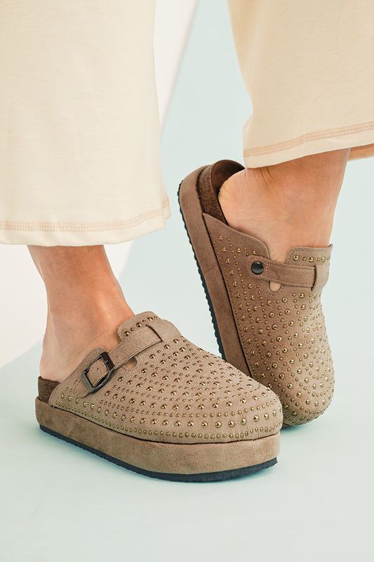 Studded Buckle Closed Toe Platform Slip-Ons