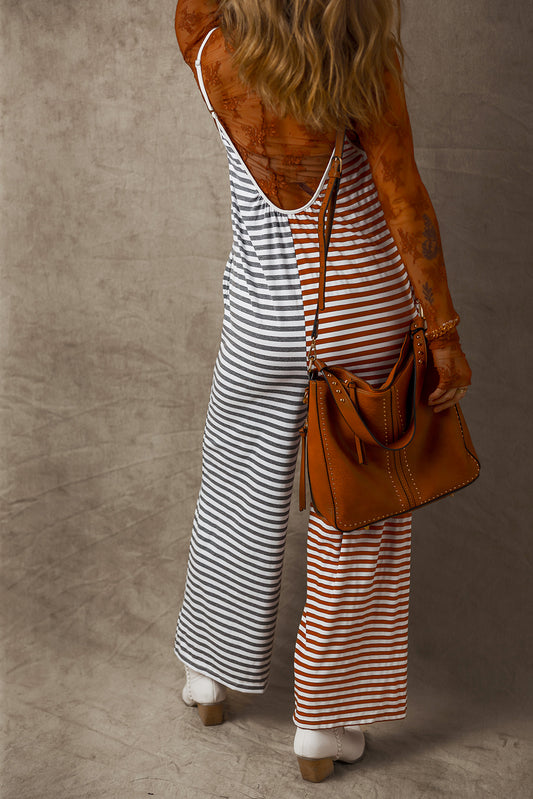 Stripe Two Tone Spaghetti Strap Backless Jumpsuit
