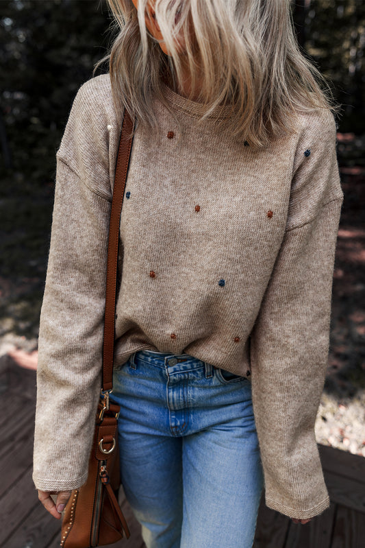 Gray Dot Detail Drop Shoulder Sweater