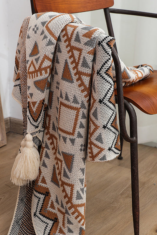 Geometric Pattern Knit Bohemian Tassel Throw Blanket
