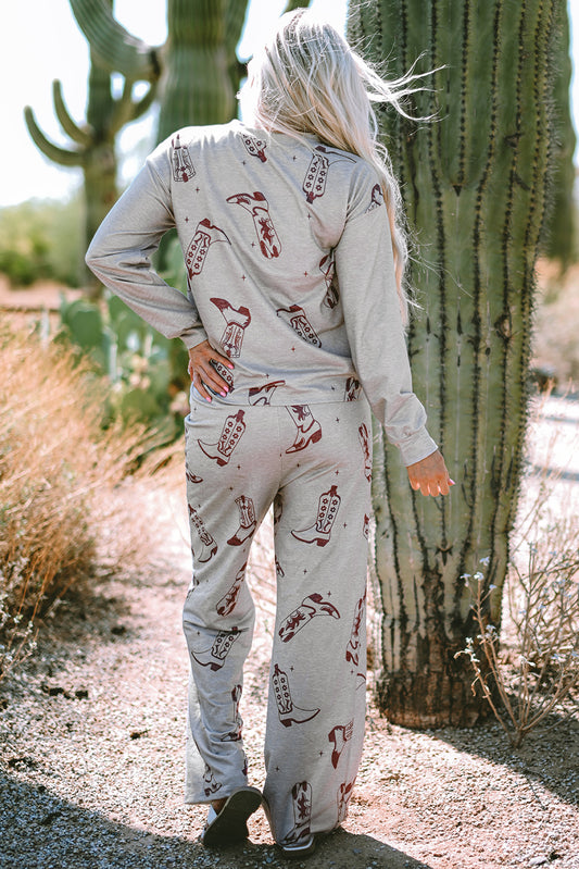 Gray Cowgirl Boots Printed Long Sleeve Top and Pants Lounge Set