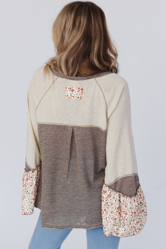 Goat Floral Patchwork Flared Sleeve Henley Top
