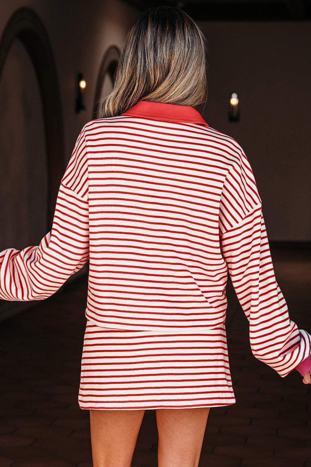 Stripe Collared V Neck Drop Shoulder Pullover and Skort Set