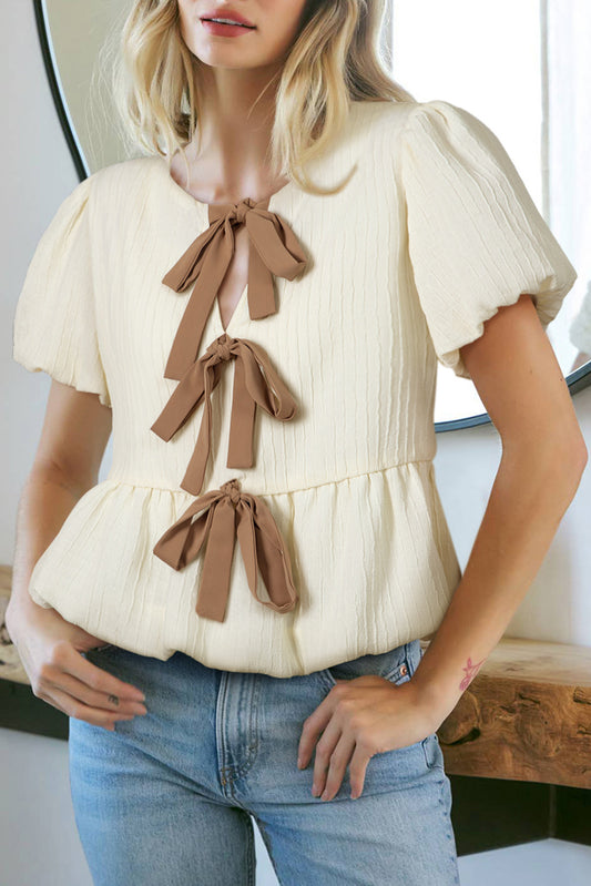 Beige Bow Ties Short Sleeve Blouse