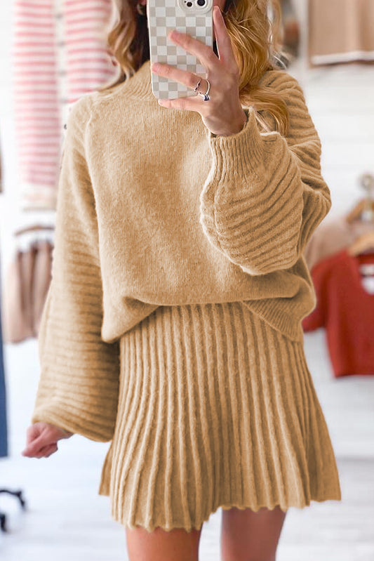 Smoke Gray High Neck Puff Sleeve Sweater Pleated Mini Skirt Set