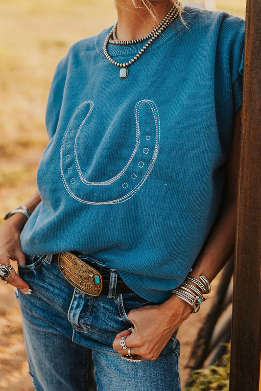 Blue Horse Shoe Embroidered Loose Short Sleeve Sweater