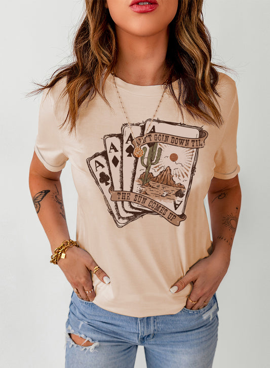 Khaki Western Poker Cards Graphic T-Shirt