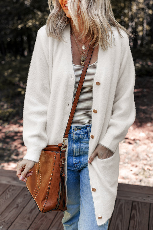 Fuzzy Buttoned Front Midi Solid Cardigan