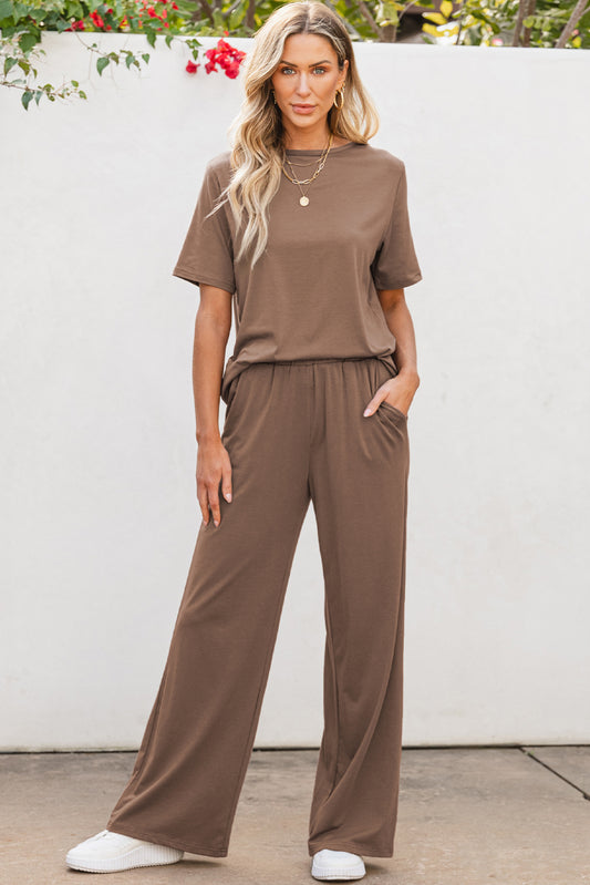 Solid Color T-Shirt and Wide Leg Pants Set