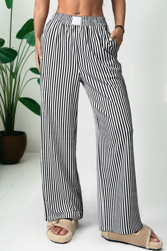 Stripe High Waist Pocketed Loose Pants