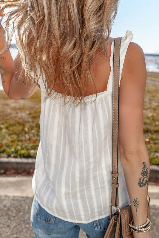 White Lace Crochet Ruffled Buttoned Tank Top