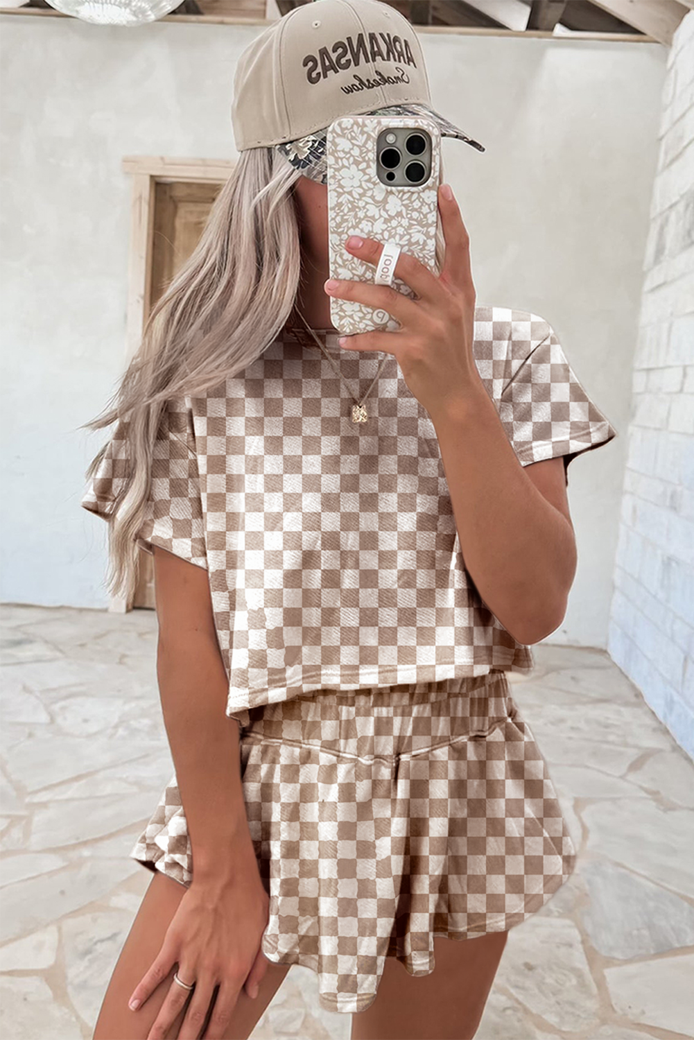 Brown Checkered T-Shirt and High Waisted Skort Set