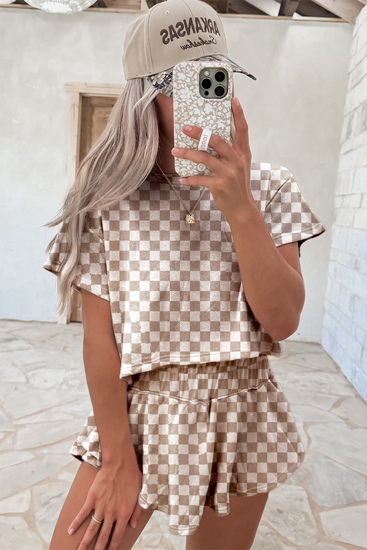 Brown Checkered T-Shirt and High Waisted Skort Set