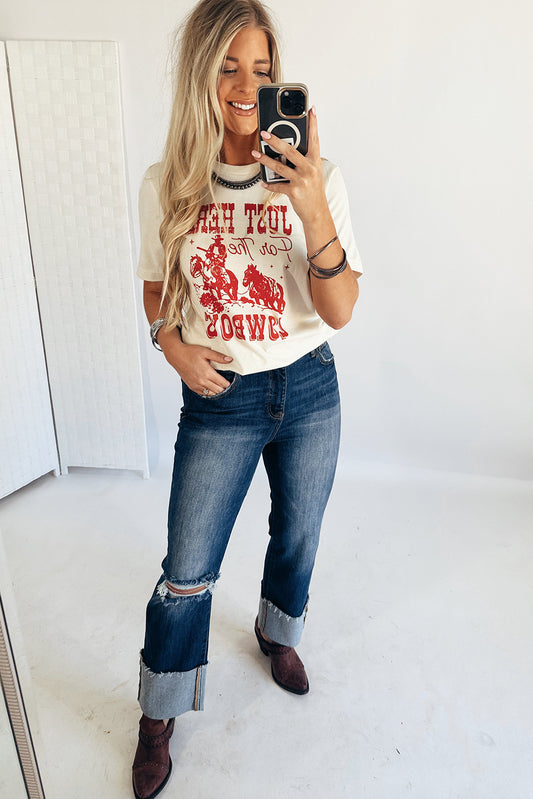 White JUST HERE For The COWBOYS Cuffed Sleeve Crew Neck T-Shirt