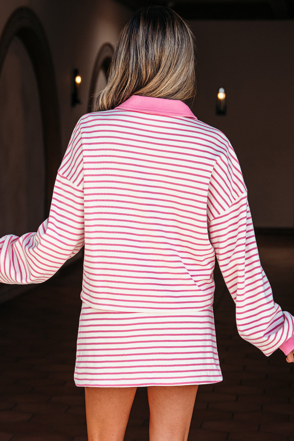 Stripe Collared V Neck Drop Shoulder Pullover and Skort Set