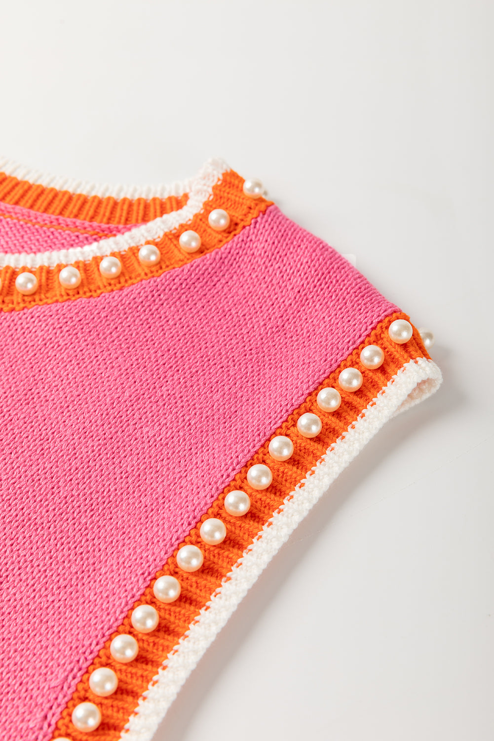 Pink Contrast Trim Pearl Detail Sweater Tank Top
