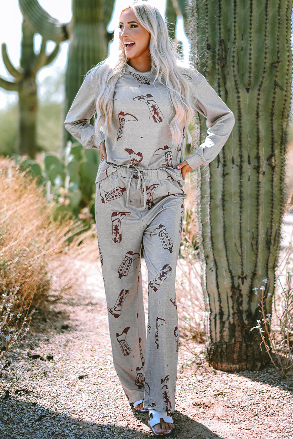 Gray Cowgirl Boots Printed Long Sleeve Top and Pants Lounge Set