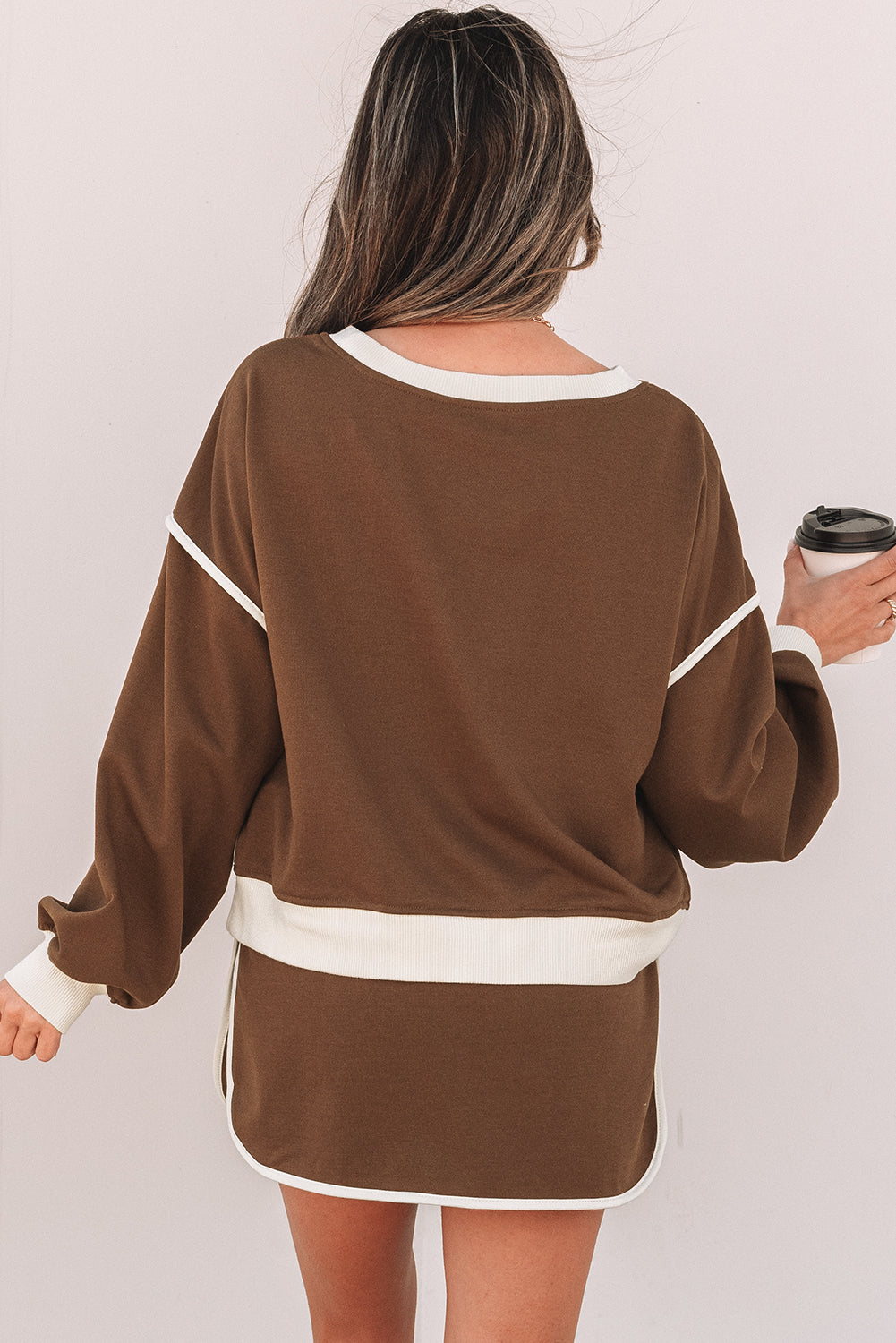 Color Contrast Loose Pullover and Tie Waist Skort Set