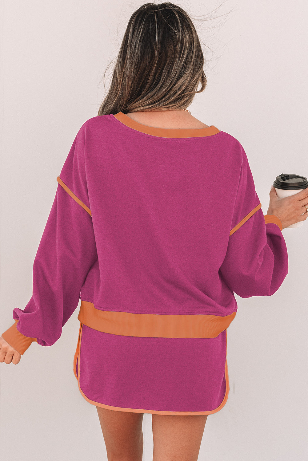 Color Contrast Loose Pullover and Tie Waist Skort Set