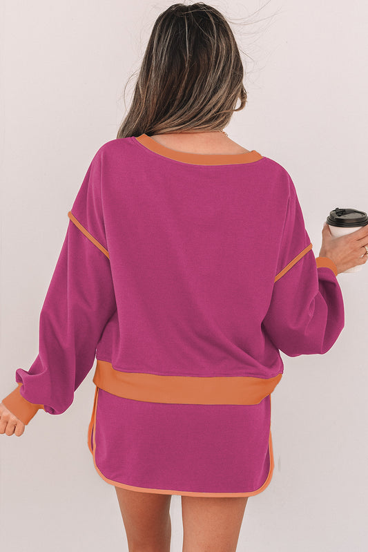 Color Contrast Loose Pullover and Tie Waist Skort Set