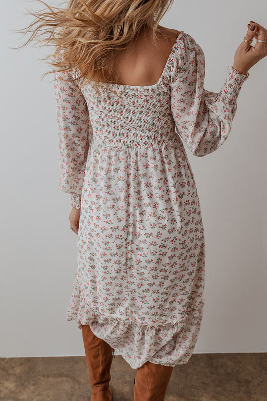 White Floral Ruffled Hem Midi Dress