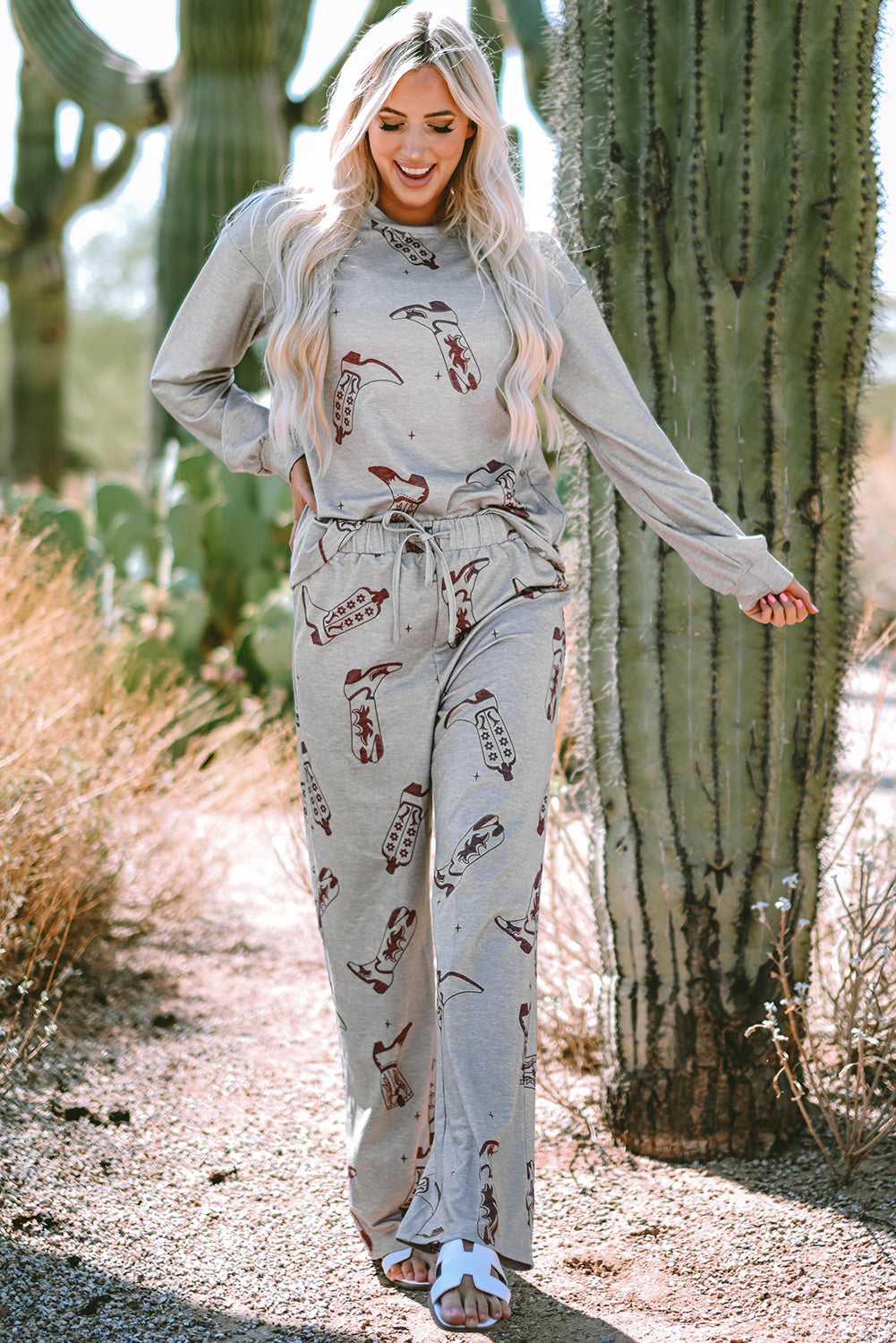 Gray Cowgirl Boots Printed Long Sleeve Top and Pants Lounge Set