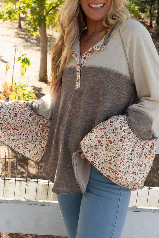 Goat Floral Patchwork Flared Sleeve Henley Top