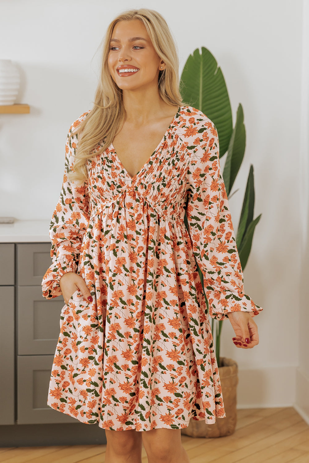 Floral Smocked Bubble Sleeve Babydoll Dress