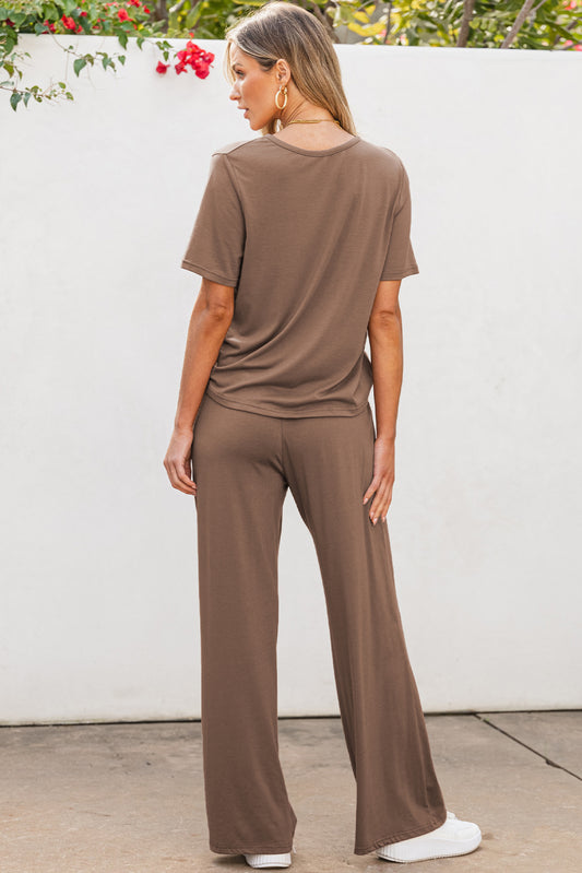 Solid Color T-Shirt and Wide Leg Pants Set