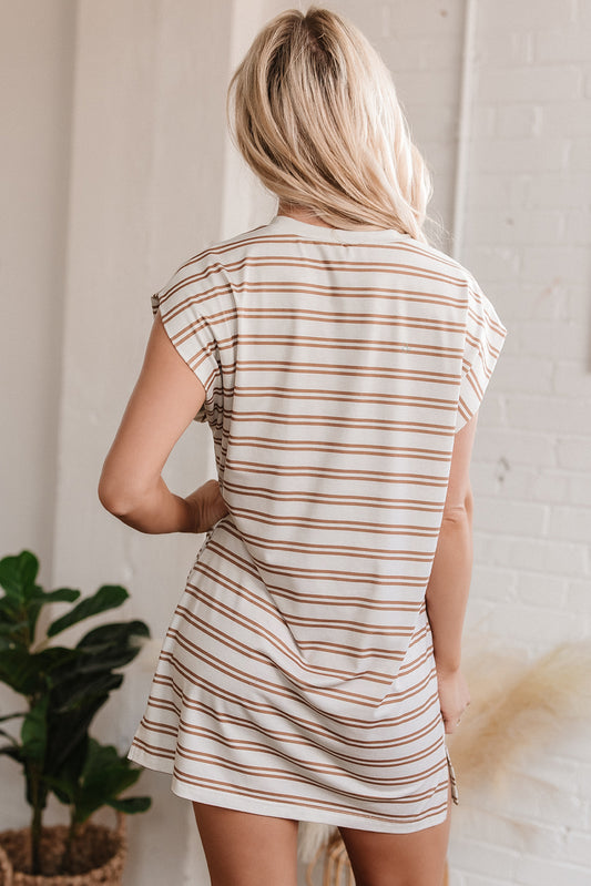 Khaki Stripe Sleeveless Pocketed Mini Dress