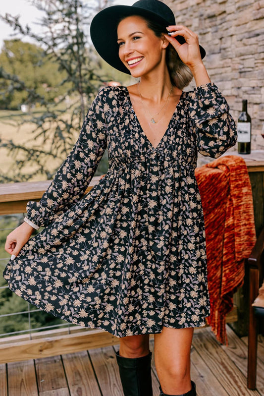 Floral Smocked Bubble Sleeve Babydoll Dress