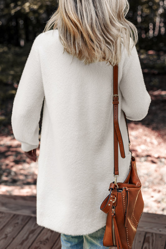 Fuzzy Buttoned Front Midi Solid Cardigan
