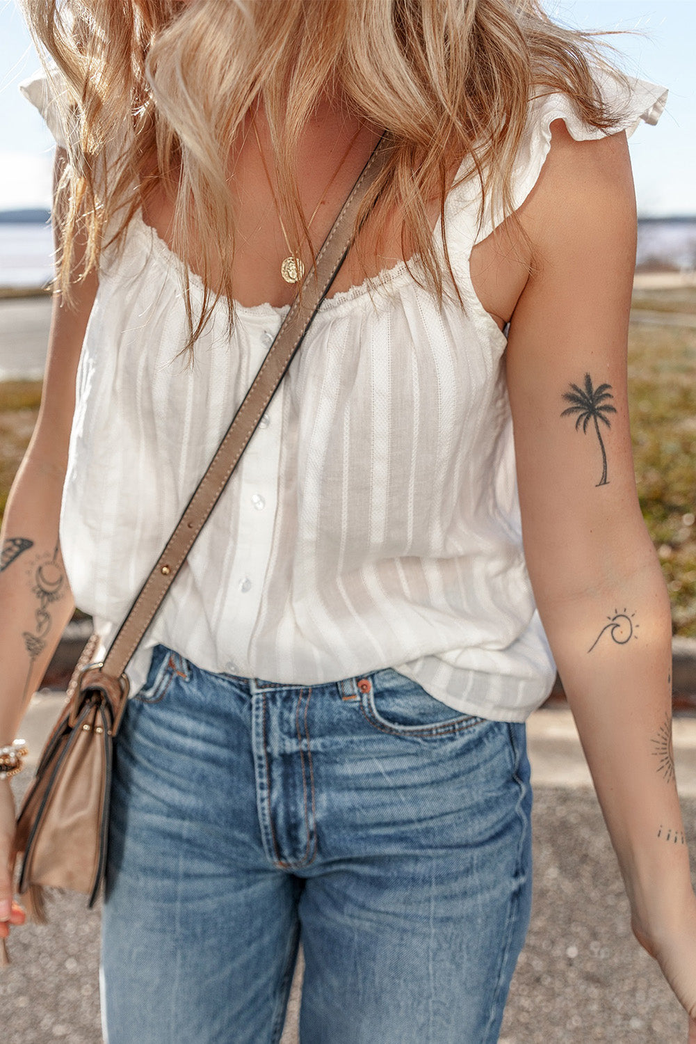 White Lace Crochet Ruffled Buttoned Tank Top