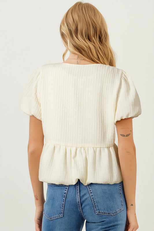Beige Bow Ties Short Sleeve Blouse